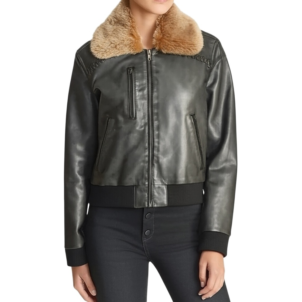 CLEO + WOLF Women’s Casey Faux Fur Collar Charcoal Grey Bomber Jacket Size‎ S